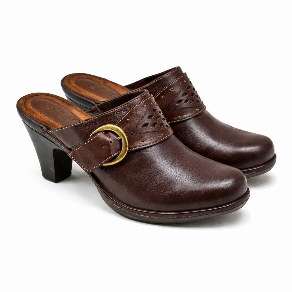 Eurosoft Brown Leather Clogs | Comfort Heeled Mule Shoes | Size 8.5